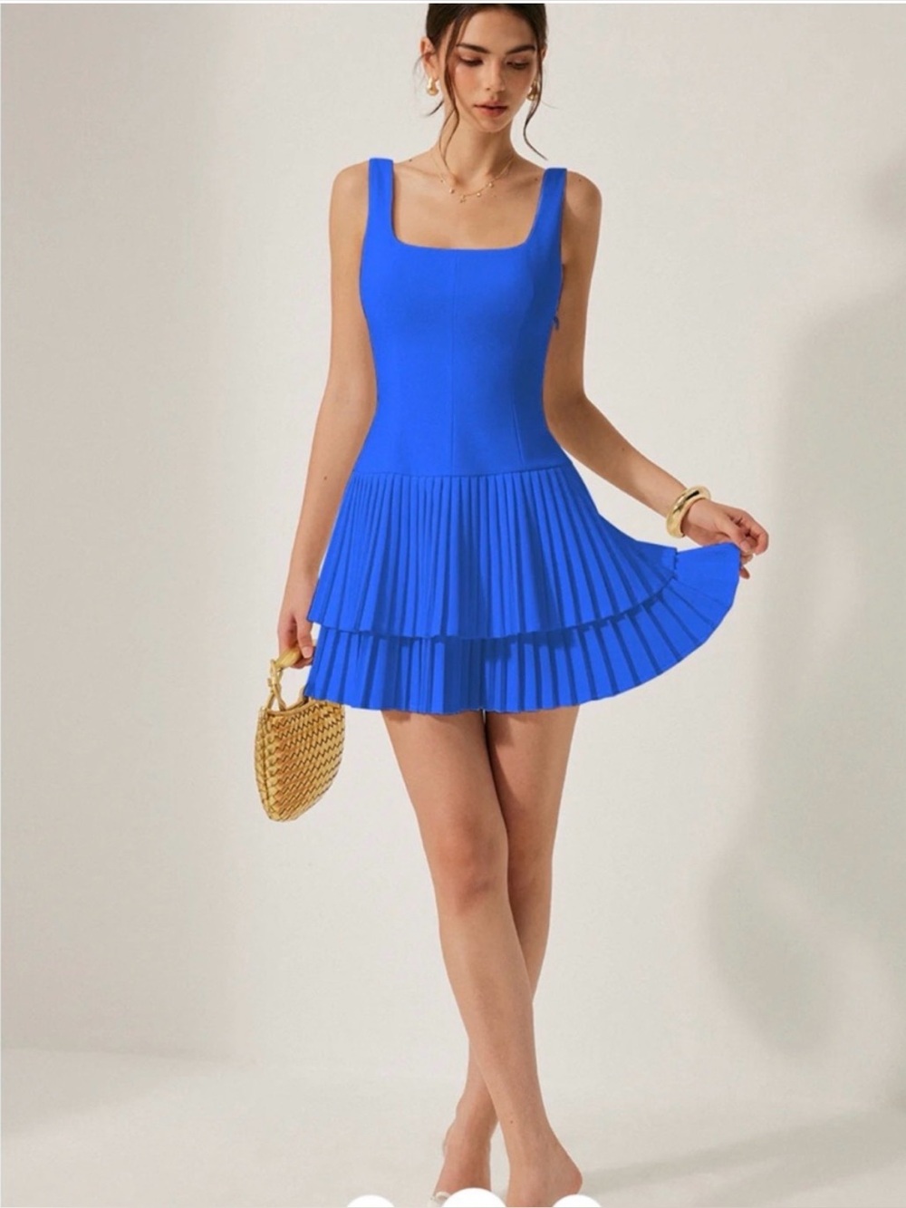 Commense Royal Blue Pleated Tiered Mini Dress